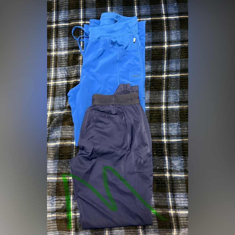 Navy (healing hands) and blue (not sure) scrubs